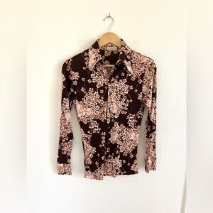 VINTGE 70s brown floral disco long sleeve shirt / size S